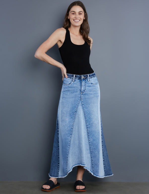 Women's Designer Denim Wash Patchwork Maxi Skirt