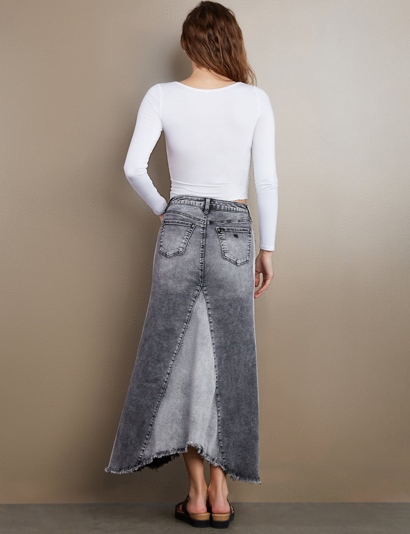 Women's Designer Selma Pieced Denim Maxi Skirt in Shades of Black