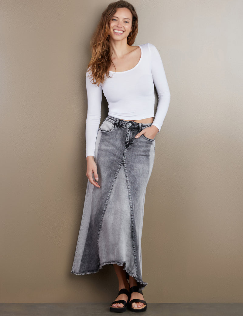 Women's Designer Selma Pieced Denim Maxi Skirt in Shades of Black