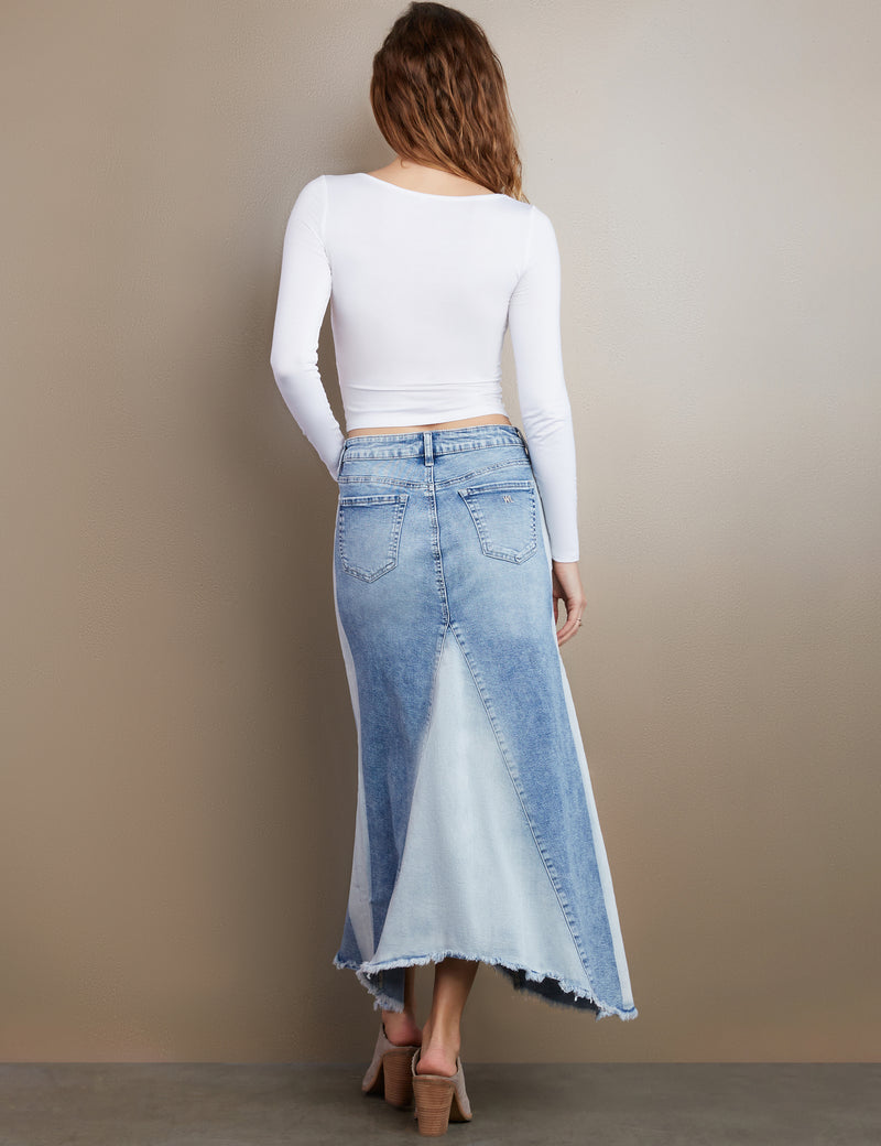 Women's Designer Denim Maxi Skirt in Shades of Light Blue