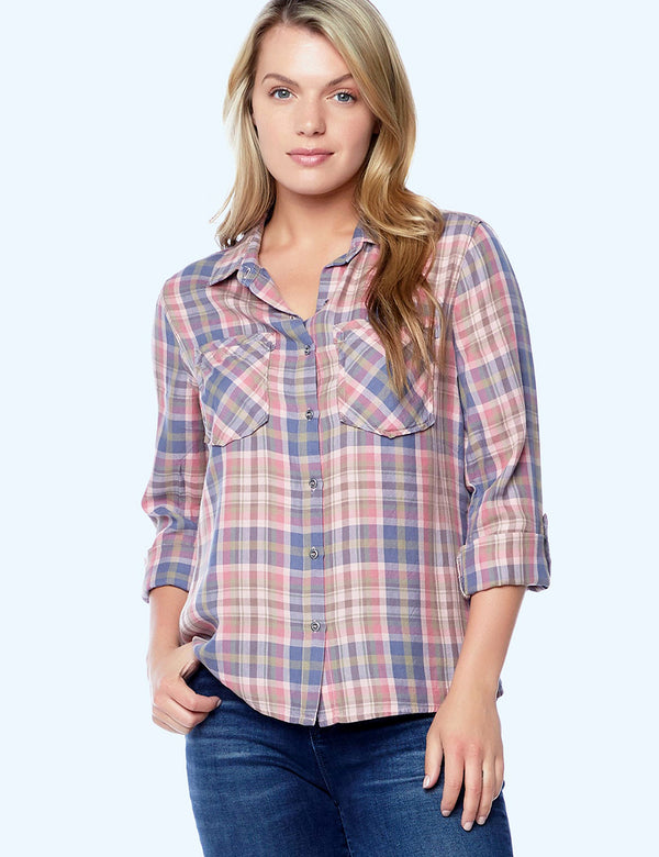 Serene Plaid Lyocell Button Up Shirt Front View