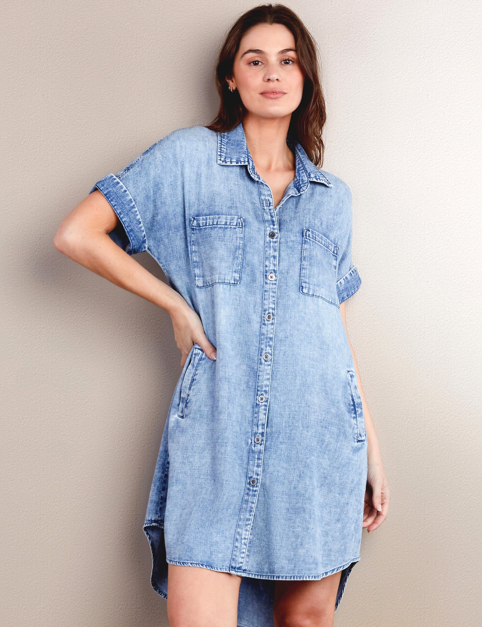 Women’s Short Sleeve Clean Denim Shirtdress – Wash Lab Mid Blue / S
