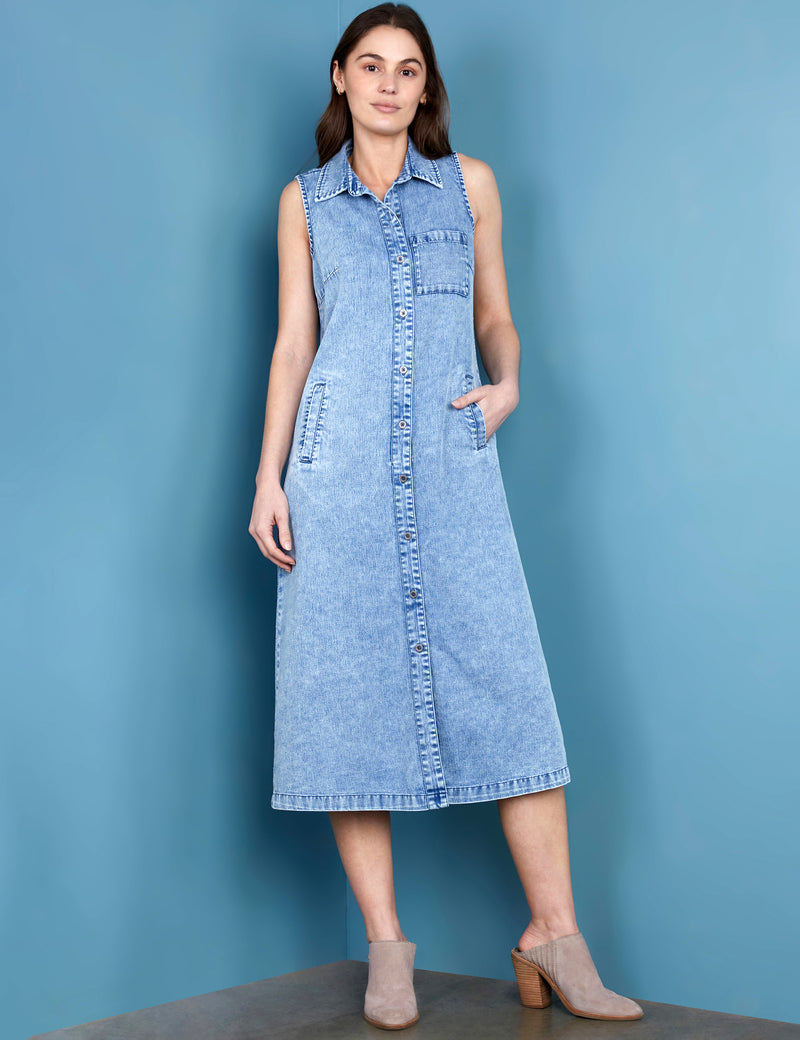 High-End Women's Fashion Brand Sleeveless Light Wash Denim Shirtdress