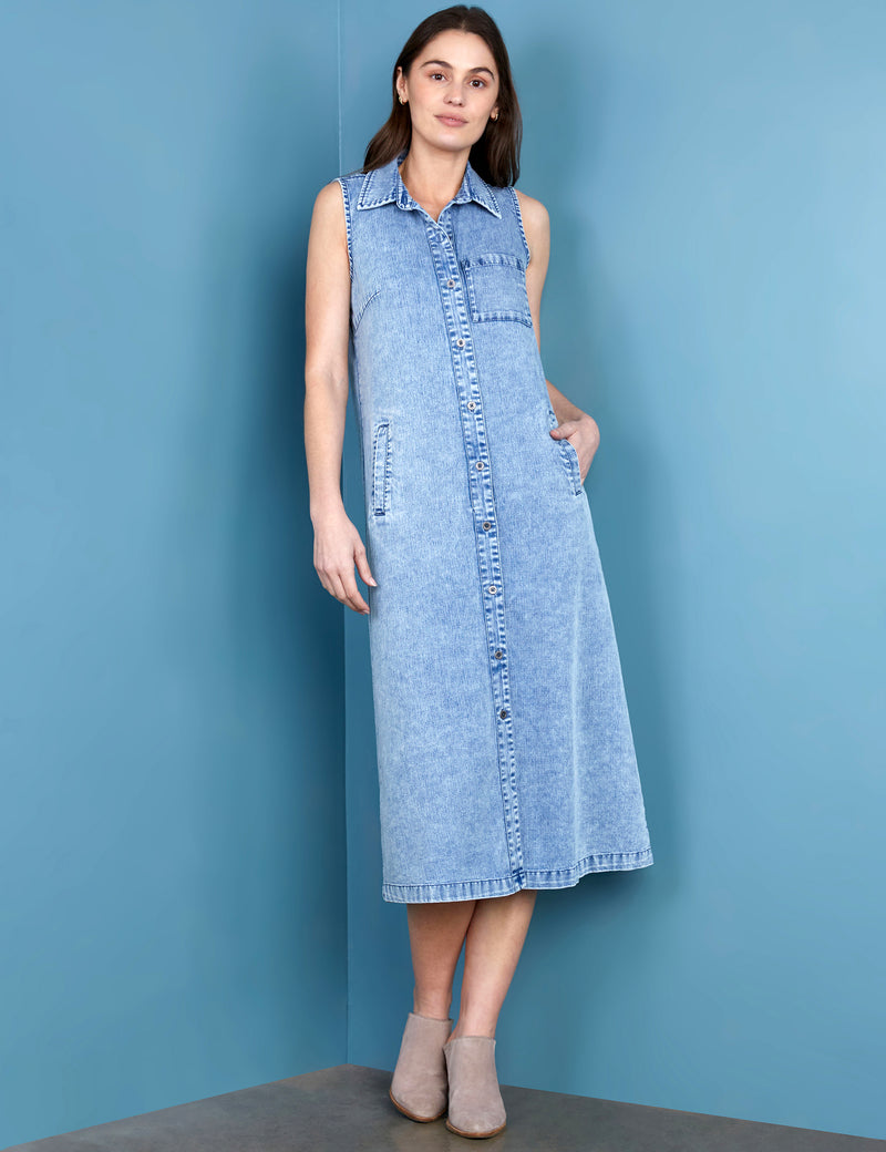 High-End Women's Fashion Brand Sleeveless Light Wash Denim Shirtdress