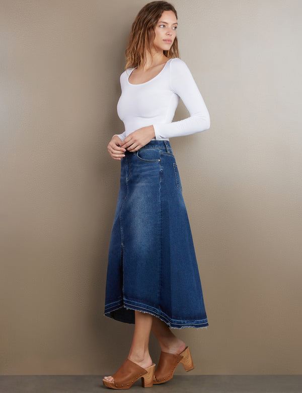 Women's Designer Slit Front Midi Denim Skirt