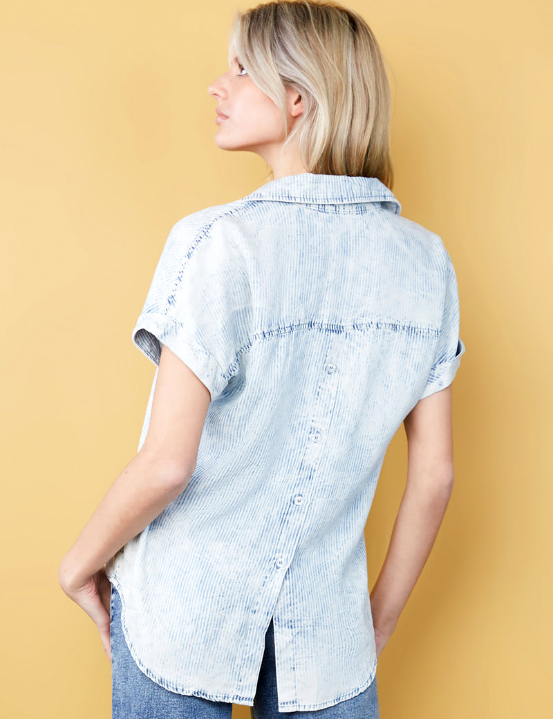 Women's Fashion Brand Soft Denim Railroad Stripe Shirt Back View