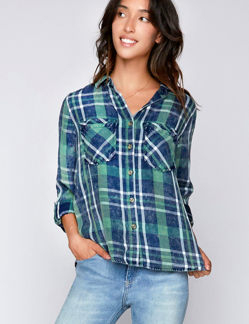 Split Back Button Up Shirt in Ivy Acid Plaid Front View