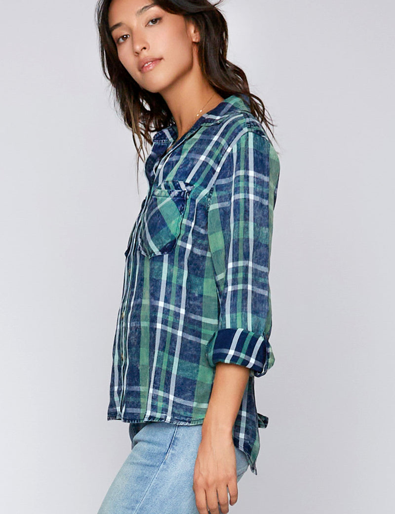 Split Back Button Up Shirt in Ivy Acid Plaid Side View