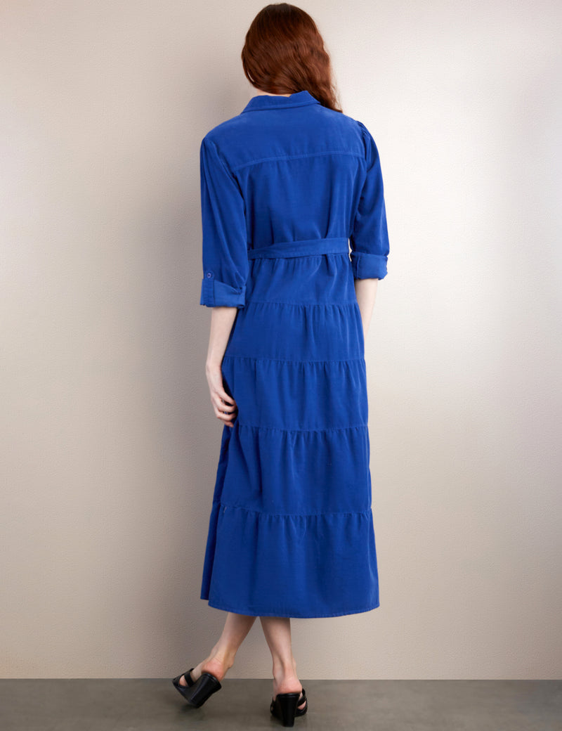 Women's Fashion Brand Tiered Blue Corduroy Dress