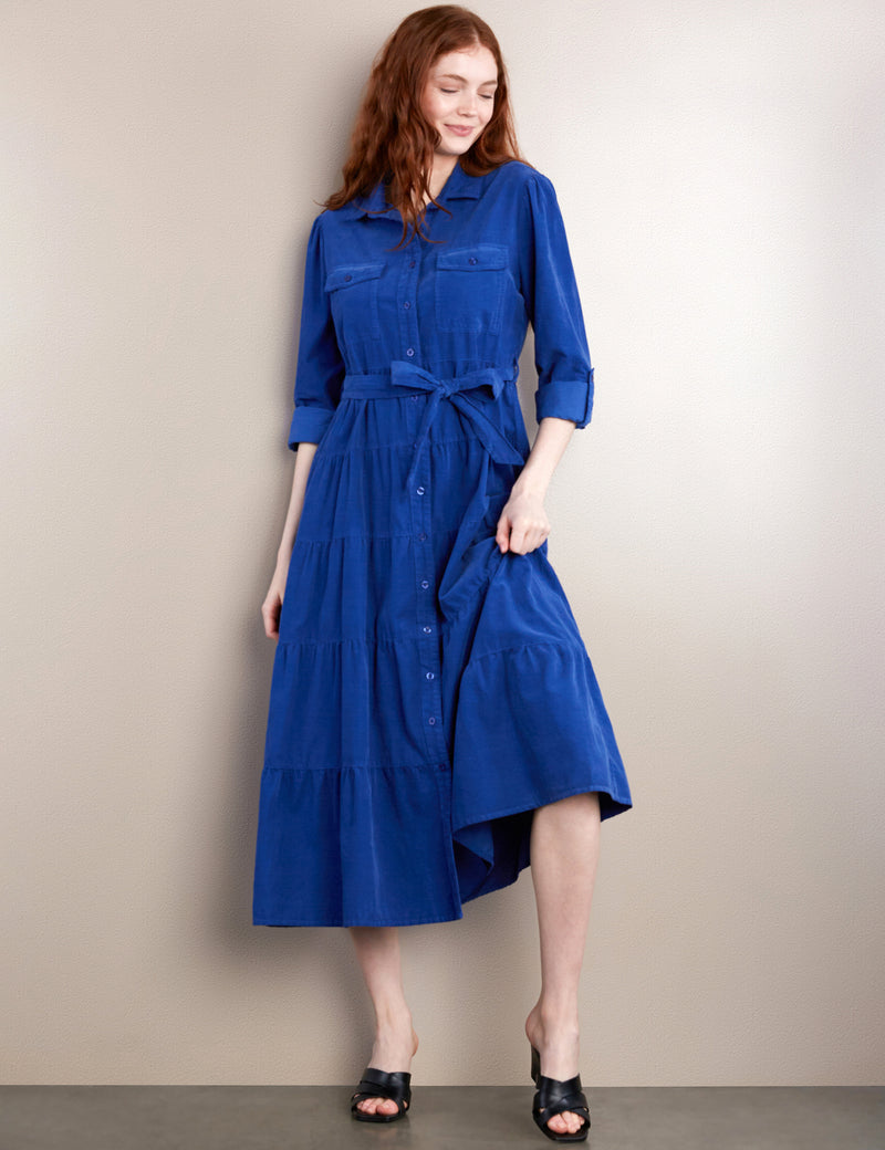 Women's Fashion Brand Tiered Blue Corduroy Dress