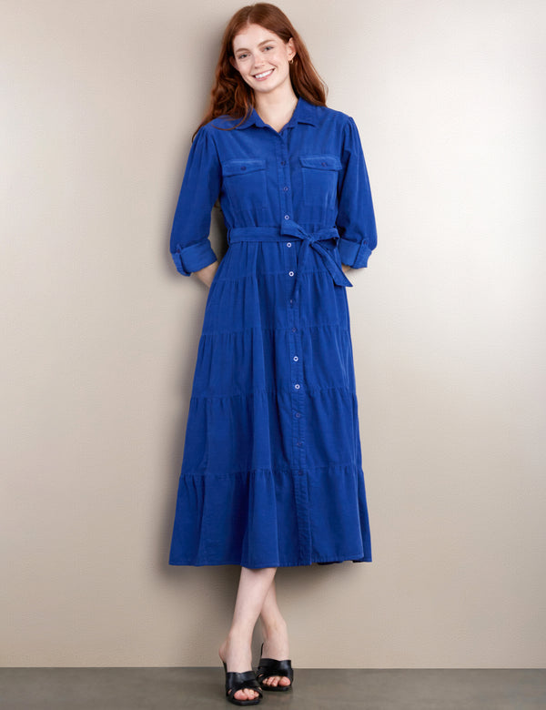 Women's Fashion Brand Tiered Blue Corduroy Dress