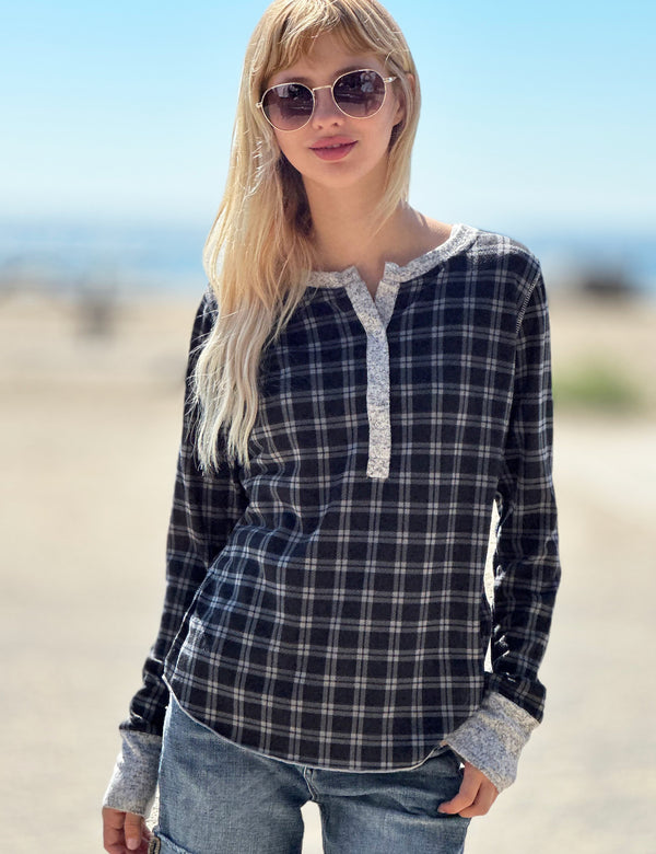 Women's Fashion Brand Black Plaid Long Sleeve Henley