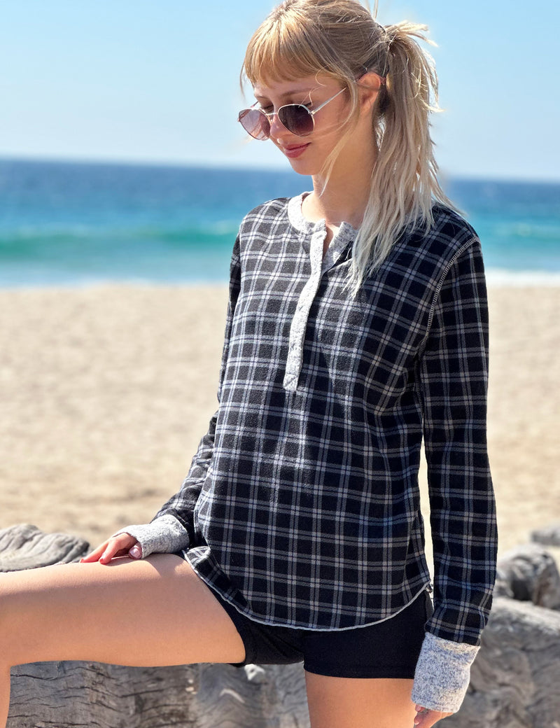 Women's Fashion Brand Black Plaid Long Sleeve Henley