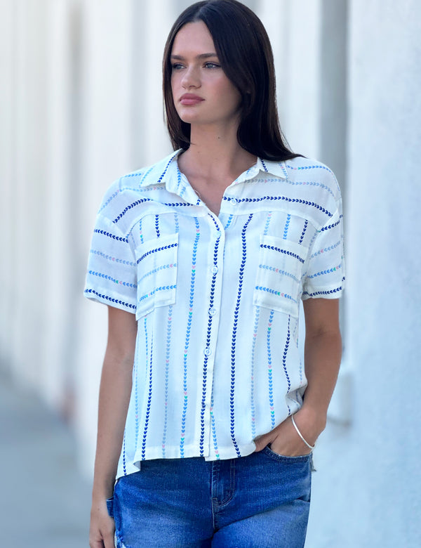 Crossroad Heart Stripes Print Short Sleeve Button Up Shirt Front View