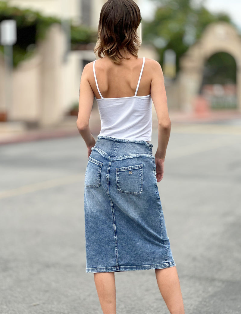 Women's Designer Raw Hem Front Zipper Denim Skirt