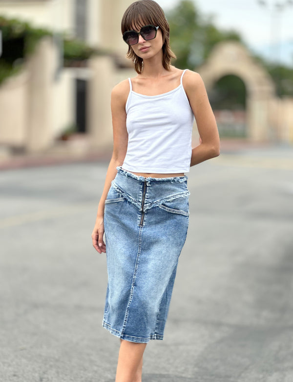 Women's Designer Raw Hem Front Zipper Denim Skirt