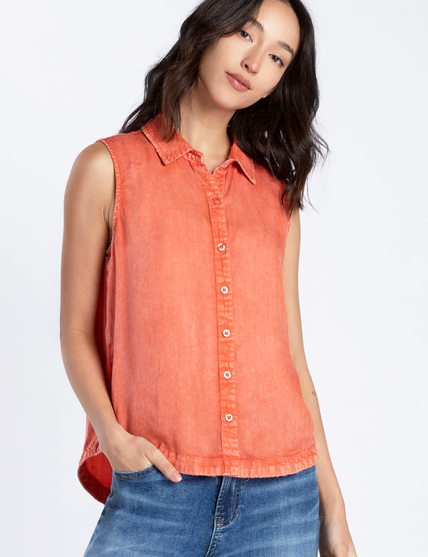 Sweet Sleeveless Button Front Shirt in Poppy Front View