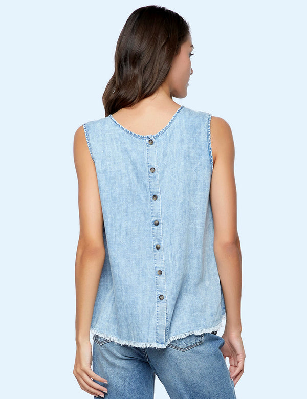 High-End Women's Fashion Brand Chambray Button Back Sleeveless Top