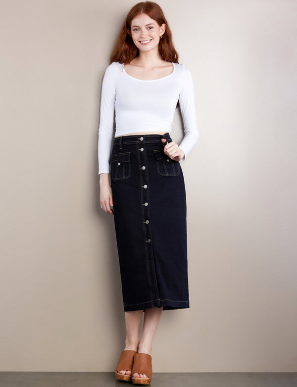 High-End Women's Fashion Brand Button Front Midi Skirt