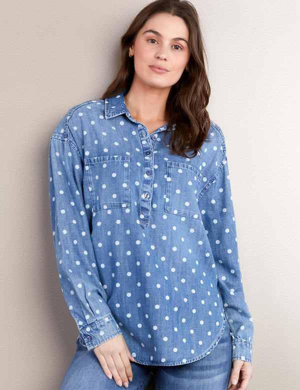 Women's Fashion Brand Polka Dot Print Denim Shirt