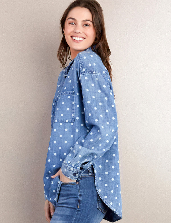 Women's Fashion Brand Polka Dot Print Denim Shirt