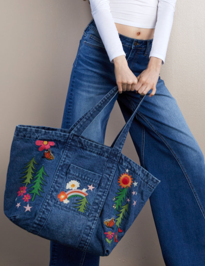 Women's Fashion Brand Denim Embroidered Tote Bag