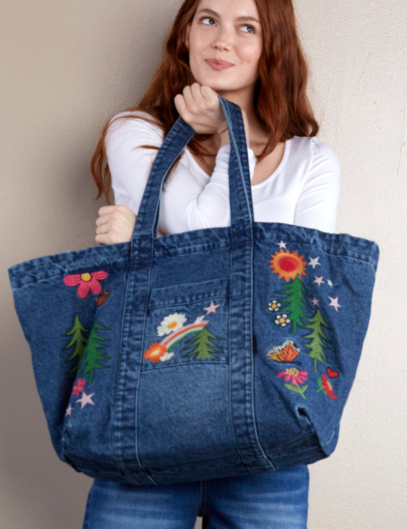 Women's Fashion Brand Denim Embroidered Tote Bag