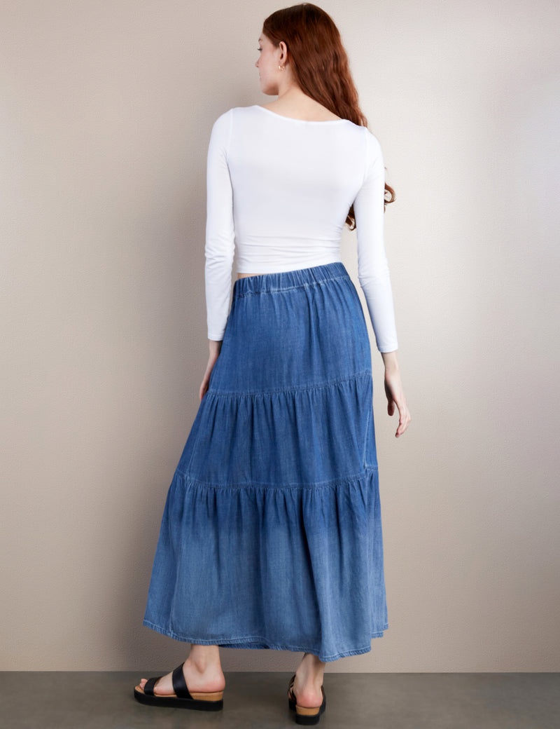 Women's Fashion Brand Tiered Elastic Waist Denim Maxi Skirt