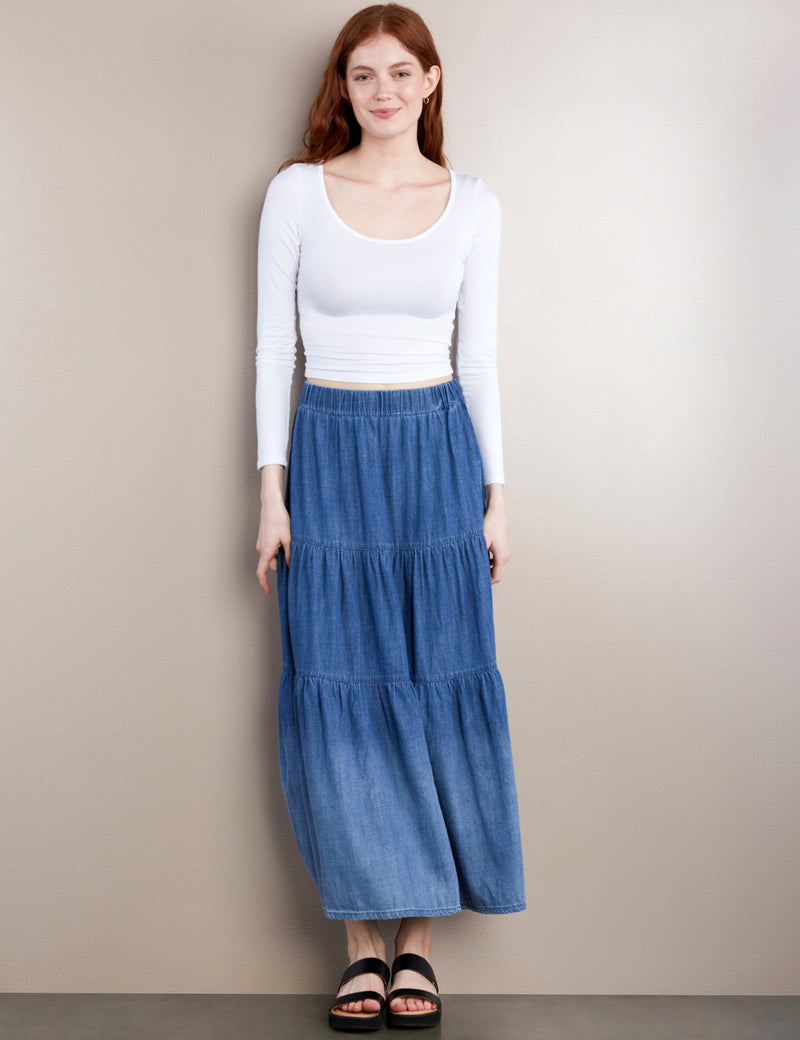 Women's Fashion Brand Tiered Elastic Waist Denim Maxi Skirt