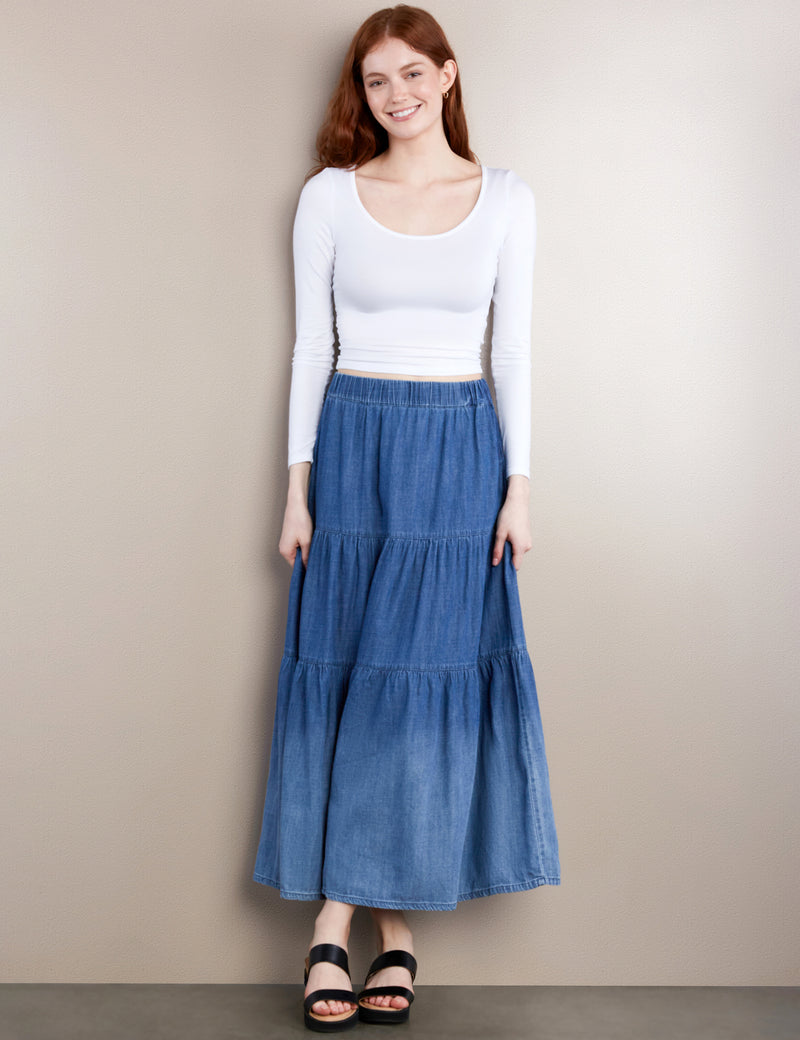 Women's Fashion Brand Tiered Elastic Waist Denim Maxi Skirt