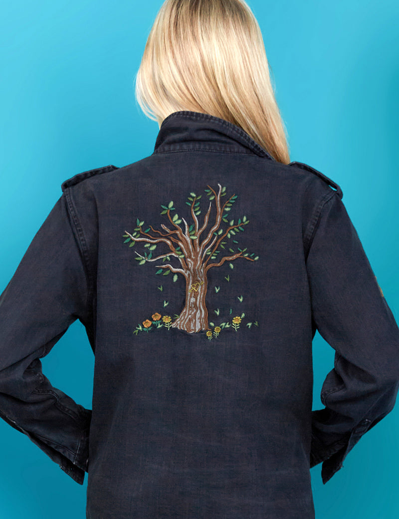 Women's Fashion Brand Tree Embroidered Almost Black Jacket