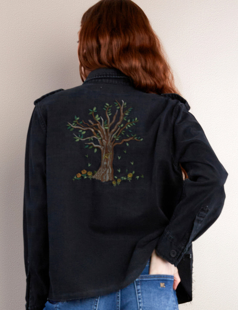 Women's Fashion Brand Tree Embroidered Almost Black Jacket