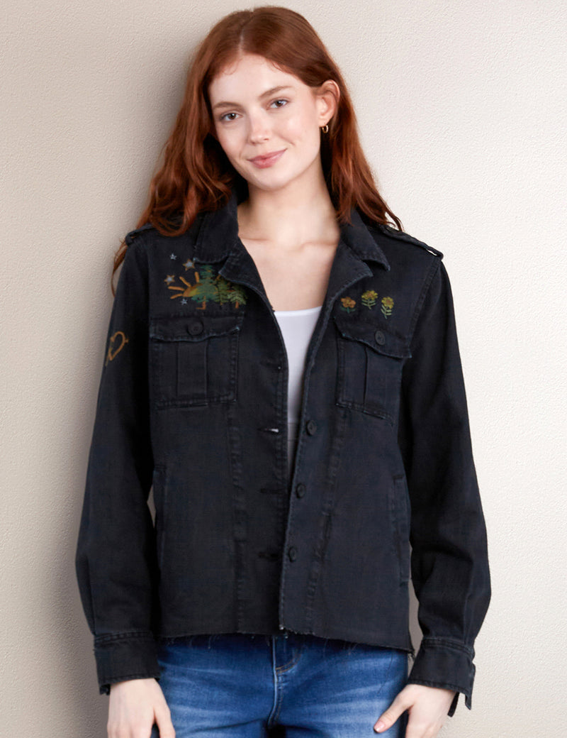 Women's Fashion Brand Tree Embroidered Almost Black Jacket