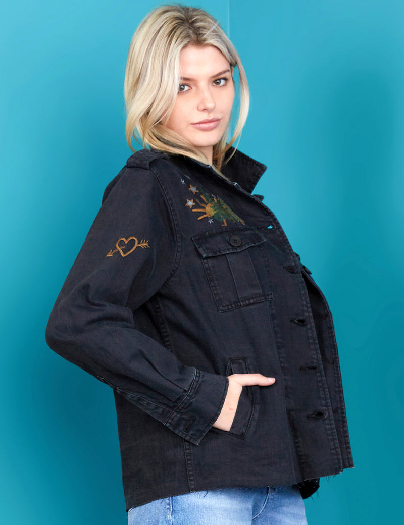 Women's Fashion Brand Tree Embroidered Almost Black Jacket