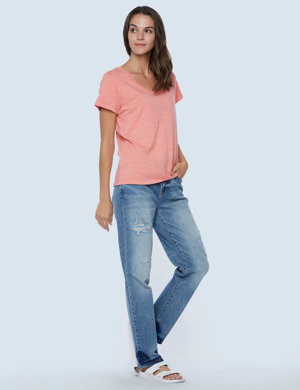 Tried and True V-Neck Tee in Coral Side View