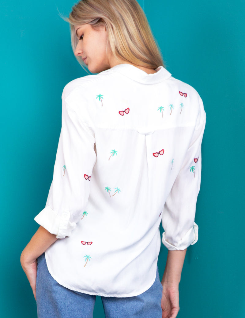 Tropical Embroidered White Button Down Shirt Back View
