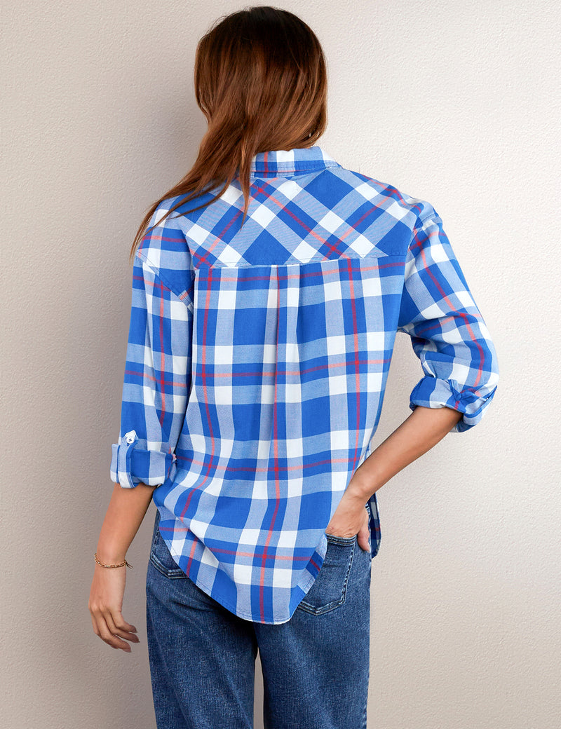 Women's Fashion Brand Red, White, and Blue Plaid Shirt