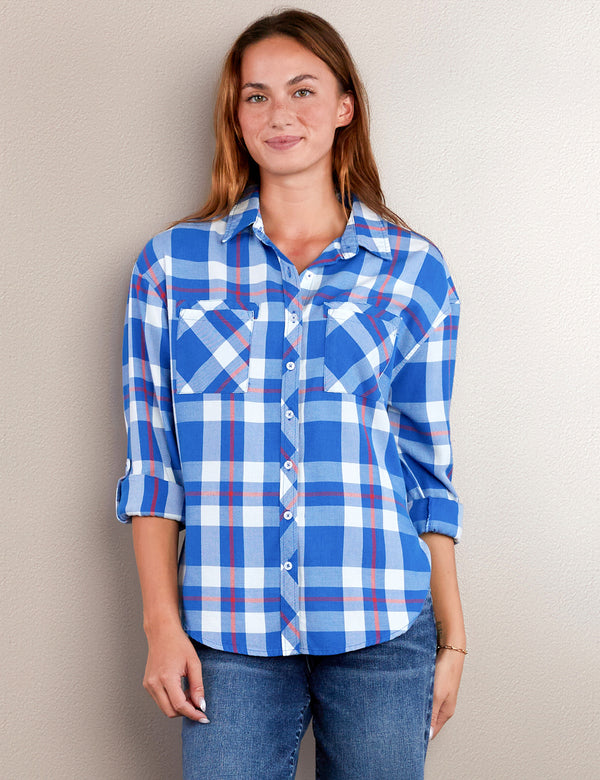 Women's Fashion Brand Red, White, and Blue Plaid Shirt