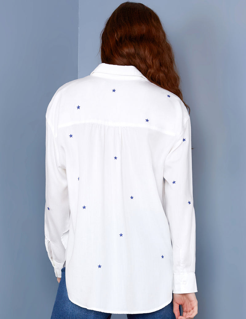 Women's Designer Brand White Button Down Shirt with Blue Star Embroidery