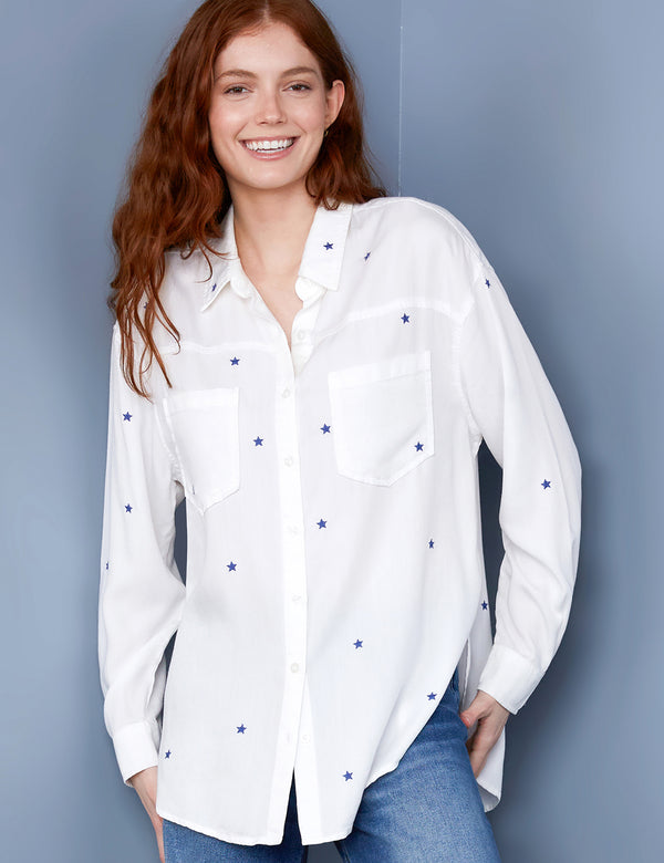 Women's Designer Brand White Button Down Shirt with Blue Star Embroidery