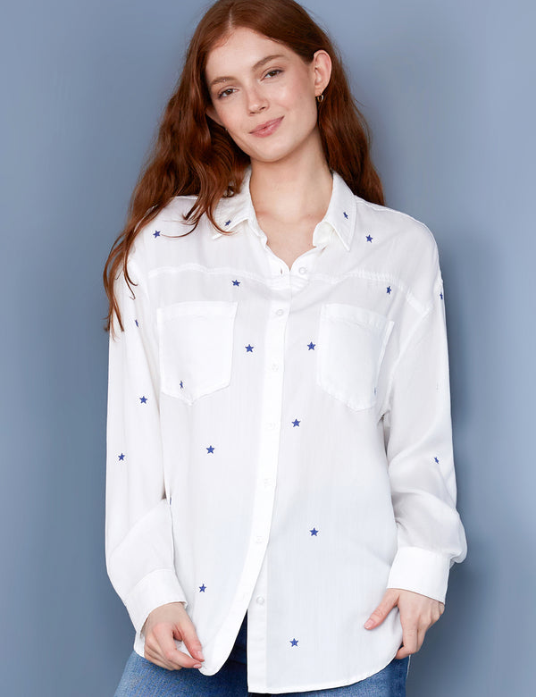 Women's Designer Brand White Button Down Shirt with Blue Star Embroidery