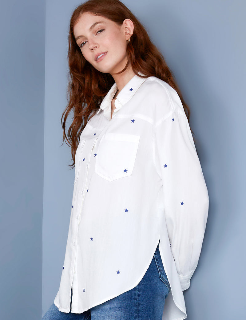 Women's Designer Brand White Button Down Shirt with Blue Star Embroidery