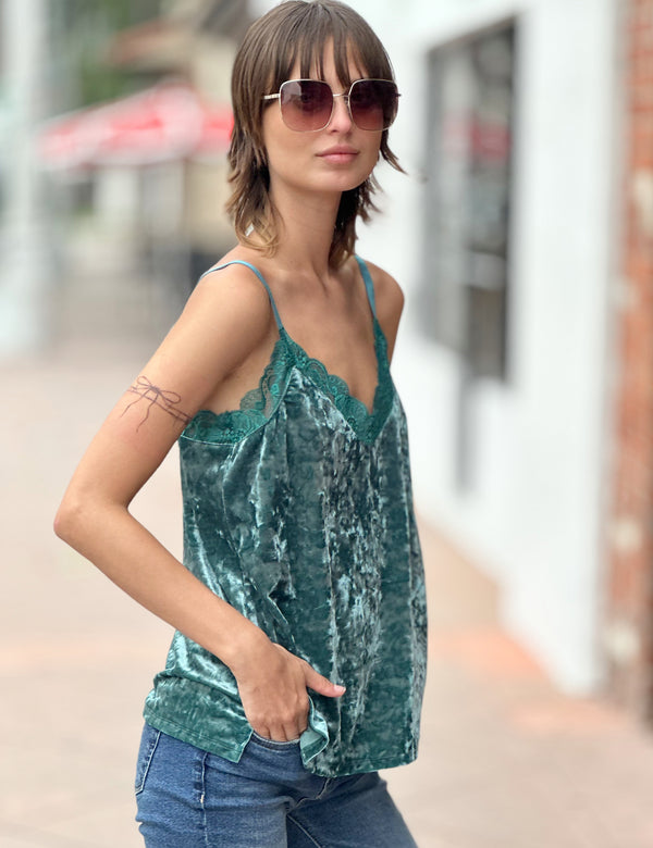Velvet Tank with Lace Trim in Emerald Side View