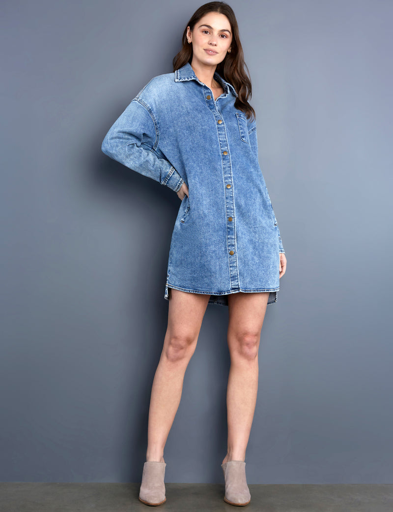 Women's Fashion Brand Light Wash Oversized Denim Shirtdress Front View Brunette