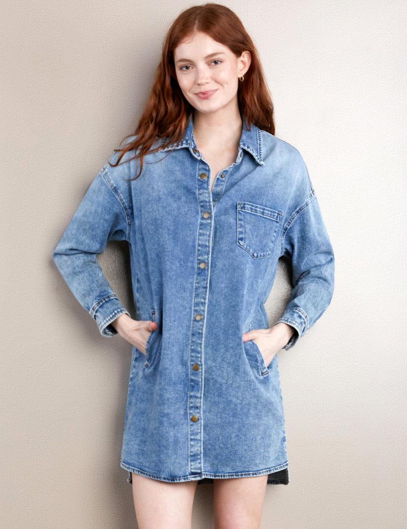 Women's Fashion Brand Light Wash Oversized Denim Shirtdress Front View Close Up Redhead