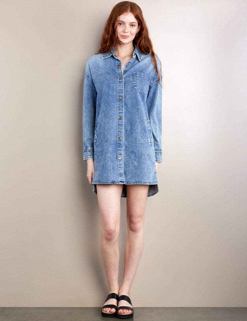 Women's Fashion Brand Light Wash Oversized Denim Shirtdress Front View Redhead