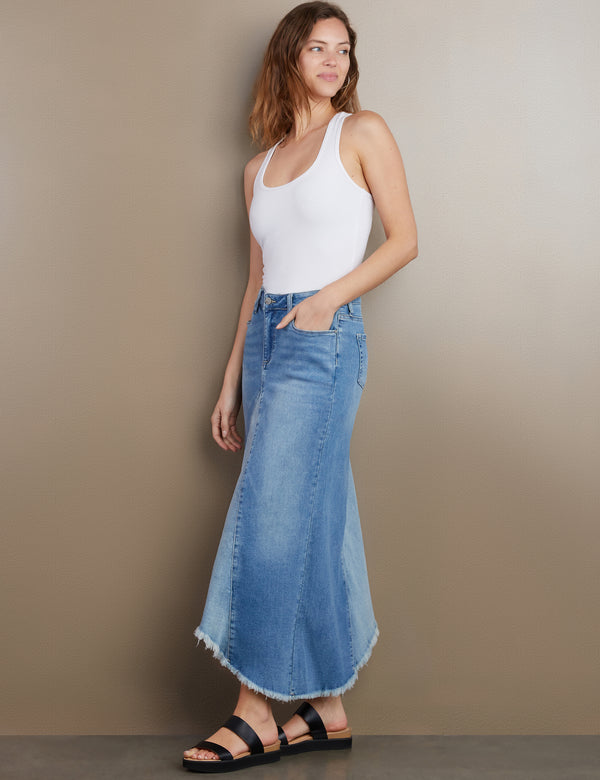 Women's Designer Two Tone Selma Pieced Denim Maxi Skirt