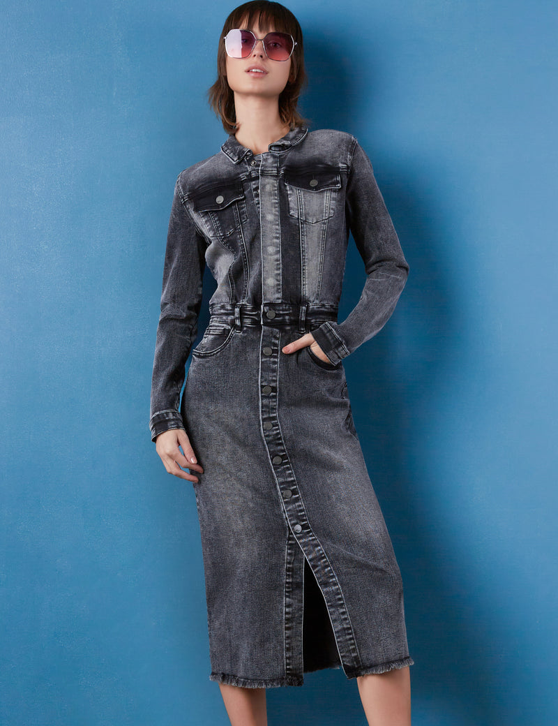 Women's Color-Blocked Denim Long Sleeve Midi Dress Front View