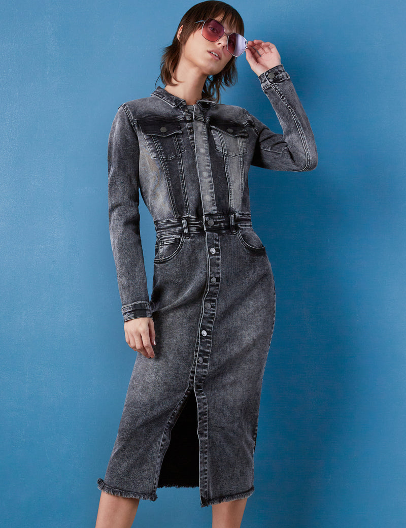 Women's Color-Blocked Denim Long Sleeve Midi Dress Front View