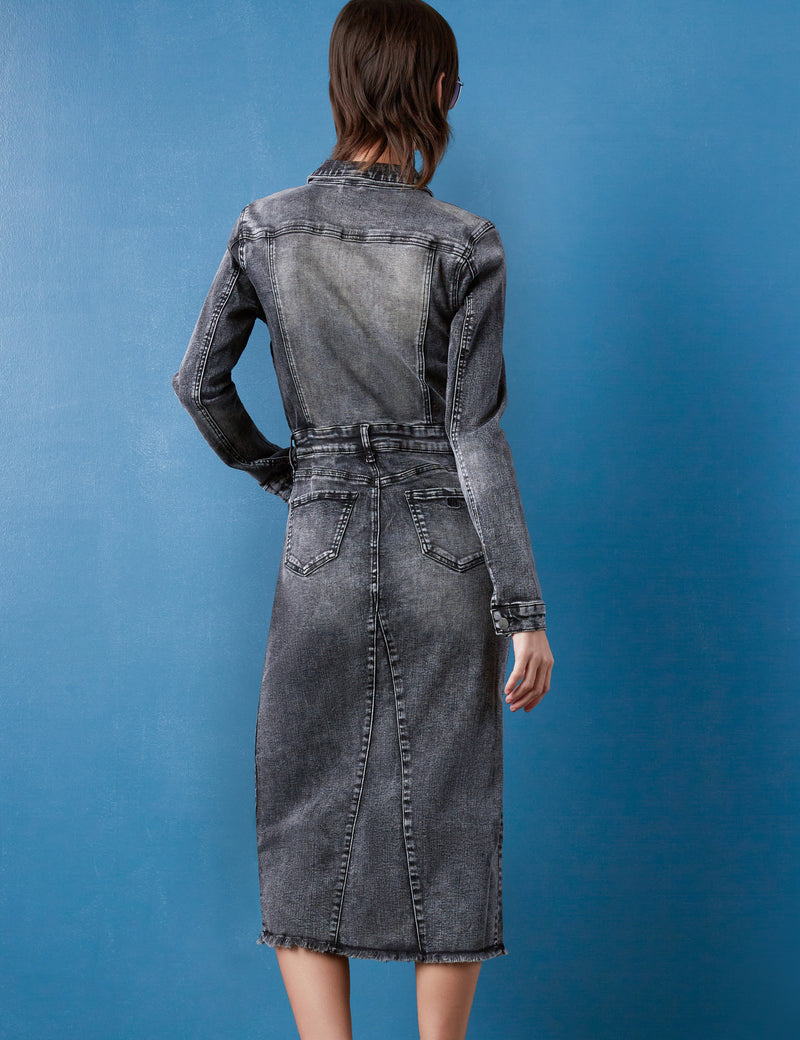 Women's Color-Blocked Denim Long Sleeve Midi Dress Back View